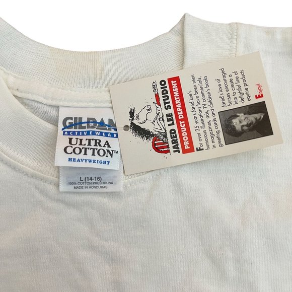 VTG Jared Lee Studio White SS T-Shirt Hold your Horse, Size L (14-16) NWT Defect - Picture 6 of 9